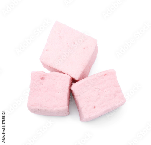 Delicious sweet puffy marshmallows on white background, top view