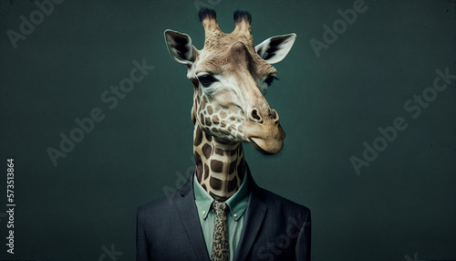 Portrait of giraffe dressed in a business suit on isolated green background. Generative AI Generative AI