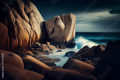Rocky Seashore Landscape with Jagged Rocks and Gentle Waves of the Sea - Scenic Nature Photography Perfect for Coastal Tourism and Travel Design Projects