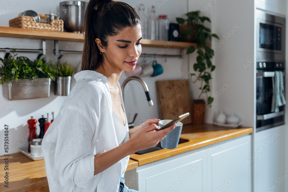 Beautiful woman using her mobile phone while drinking a cup of coffee in the kitchen at home. Beautiful woman using her mobile phone while drinking a cup of coffee in the kitchen at home.