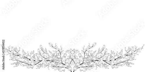 A beautiful blooming branch, richly decorated with flowers, buds, and leaves. Hand drawing.