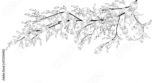 A beautiful blooming branch, richly decorated with flowers, buds, and leaves. Hand drawing.