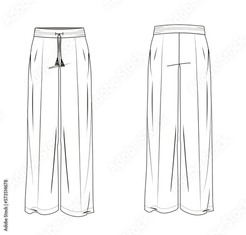 woman drawstring flowy long boho pants technical drawing vector