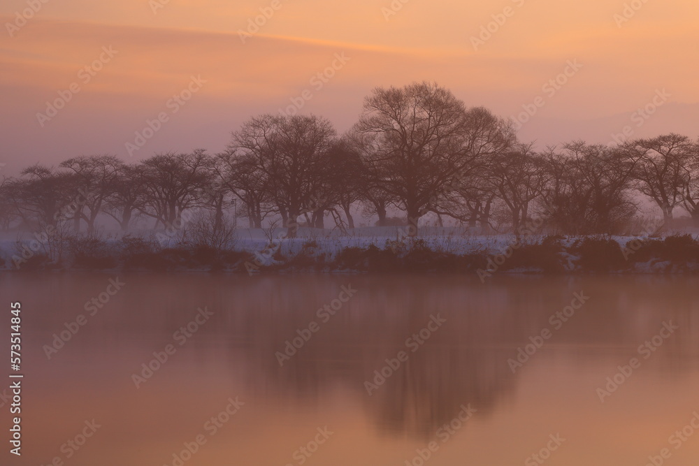 Fototapeta premium 岩手県北上市 朝焼けの冬景色