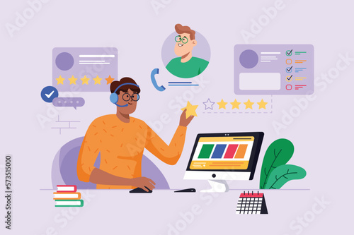 Call center violet background concept with people scene in the flat cartoon design. Client called the call center to get advice. Vector illustration.