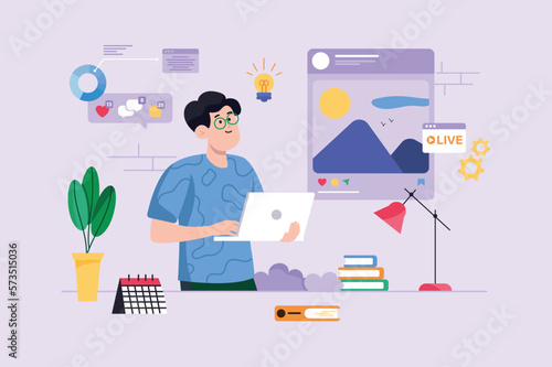 Content manager violet background concept with people scene in the flat cartoon design. Manager is working on filling the content of the website. Vector illustration.