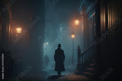 jack the ripper at foggy night in street of london. generative ai photo