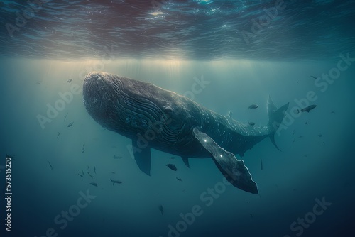 Whale and garbage underwater. Dirty sea. Campaign to reduce throwing rubbish into the sea. Generative AI © malisa