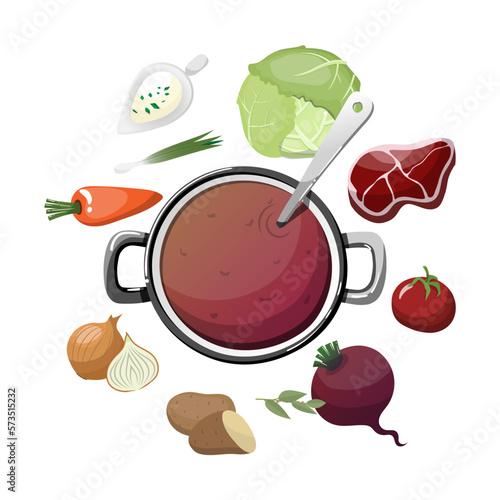 Ukrainian national dish - soup Borshch with all ingredients.