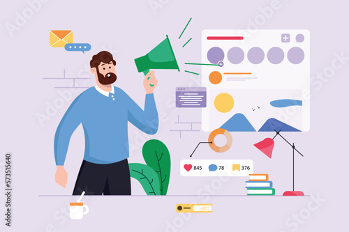 Social media violet background concept with people scene in the flat cartoon design. Man works on propaganda in social networks. Vector illustration.