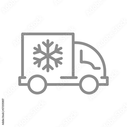 Frozen food, refrigerator truck line icon. Ice, freezer delivery transport vector.