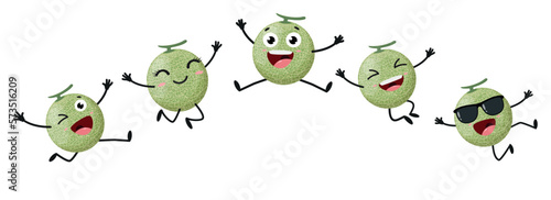 Cartoon happy cantaloupe melon jumping with many expression