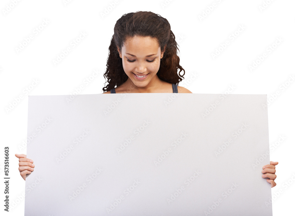 A beautiful latina girl holding a blank pla card or a banner and peeping at the copy space isolated on a png background. A beautiful latina girl holding a blank pla card or a banner and peeping at the copy space isolated on a png background.