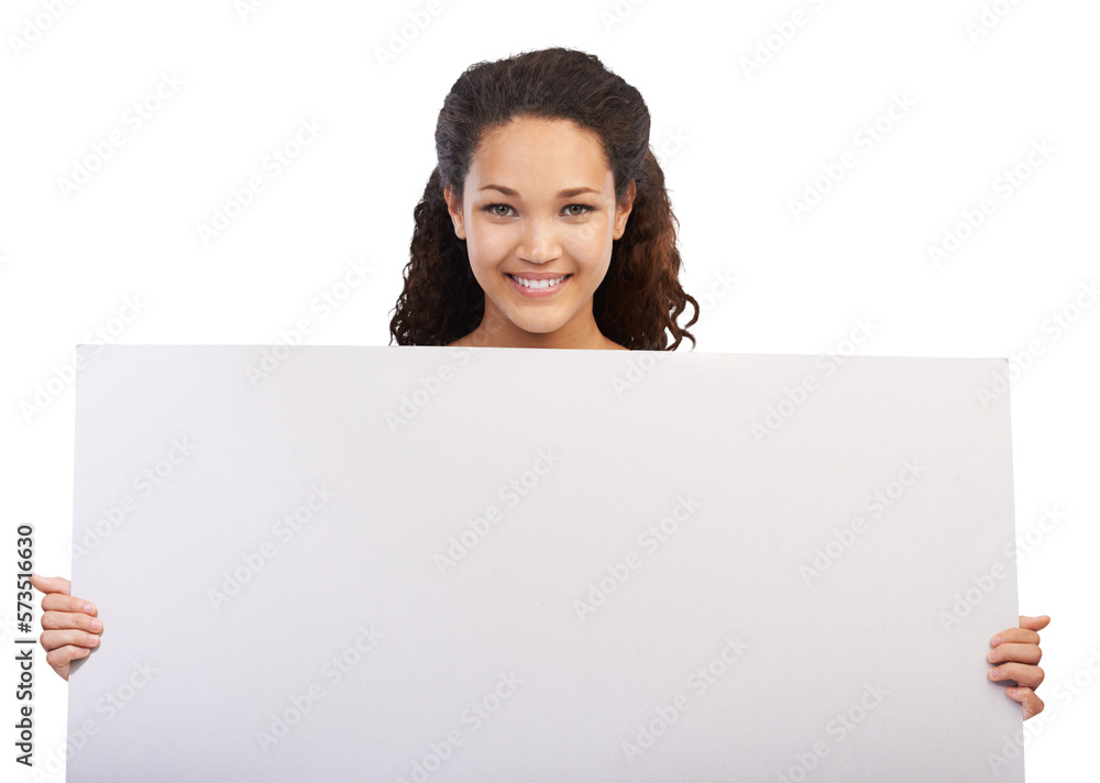 Smiling Latin female holding blank white pla card in hands and demonstrating at a copy space showing empty advertisement board isolated on a PNG background. Smiling Latin female holding blank white pla card in hands and demonstrating at a copy space showing empty advertisement board isolated on a PNG background.