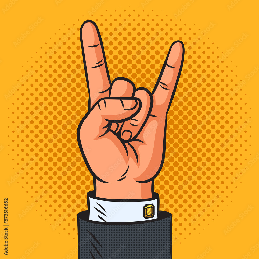 Sign hand rock and roll heavy metal pop art retro raster illustration. Sign of horns hand gesture. Comic book style imitation. Sign hand rock and roll heavy metal pop art retro raster illustration. Sign of horns hand gesture. Comic book style imitation.