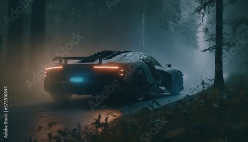 Futuristic cyberpunk sports car driving through mist forest conceptual photo generatie ai, © Roman