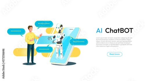 AI Chatbot or artificial intelligence concept. AI Robot answer customer in chatbot service. Dialog between AI assistant and user. Web banner layout template and cartoon character, vector illustration