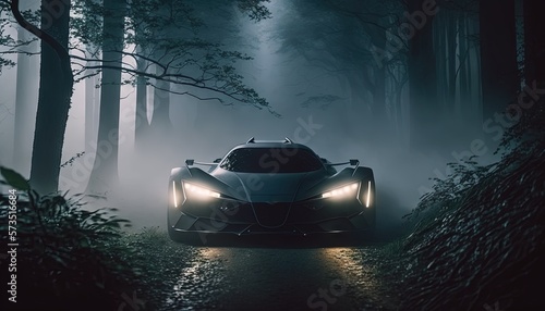 Futuristic cyberpunk sports car driving through mist forest conceptual photo generatie ai 