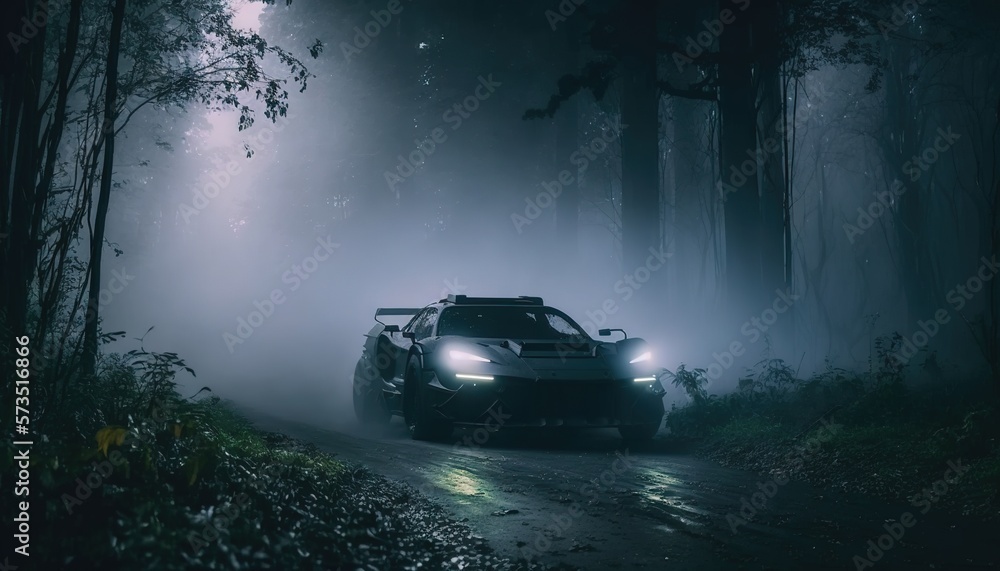 Futuristic cyberpunk sports car driving through mist forest conceptual photo generatie ai,