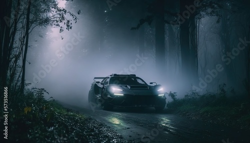 Futuristic cyberpunk sports car driving through mist forest conceptual photo generatie ai 