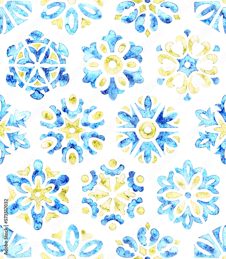 Seamless watercolor tile pattern. Summer print for textiles. Grunge paper texture. Handmade.