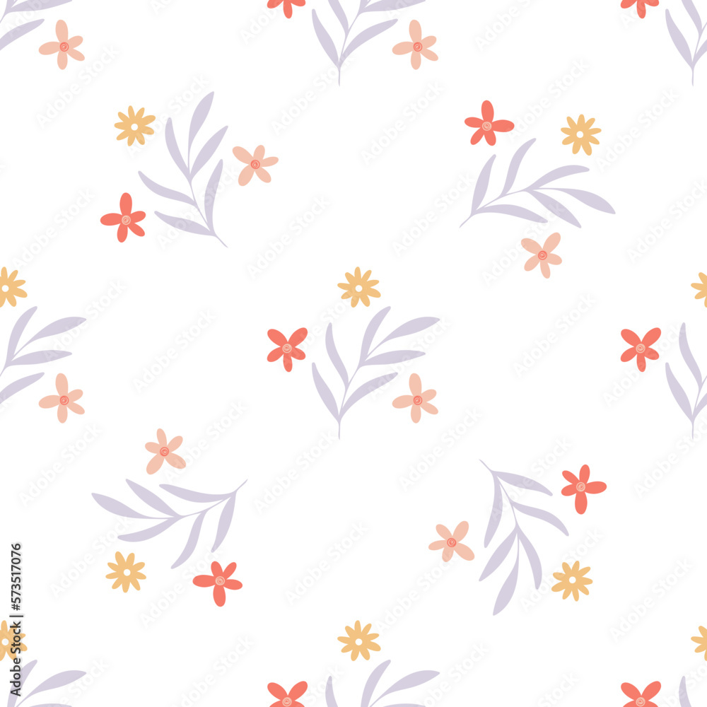 Spring floral print. Flowers and herbs seamless pattern. Background with rustic flowering. Botanical natural foliage and flowers digital paper. Model for textiles, paper, packaging, wallpaper and
