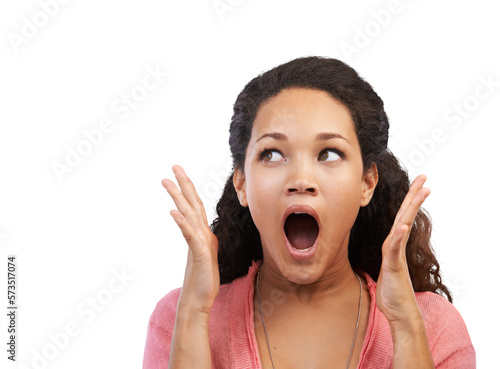 An astonished young spanish girl with wow facial expressions with open mouth and a OMG gesture looking sideways in disguise at the copyspace for discount and offers isolated on a PNG background.