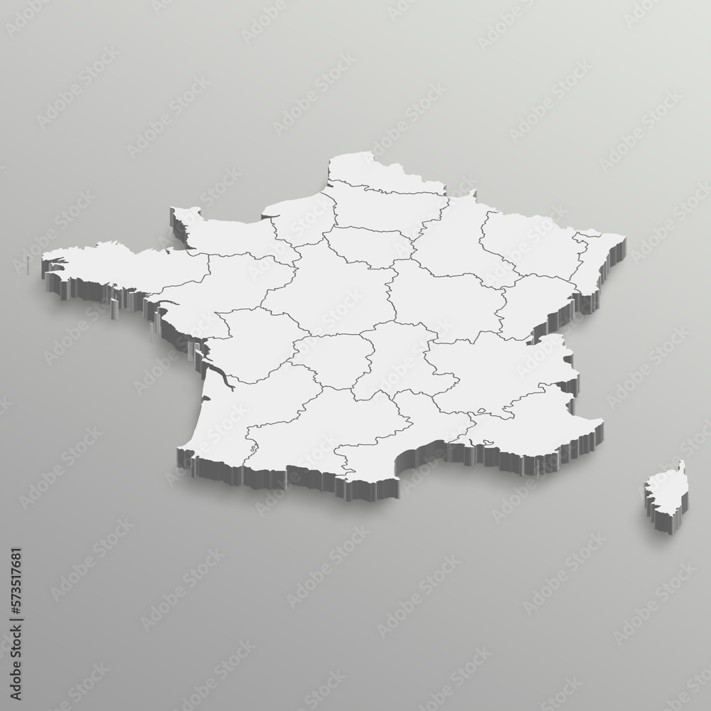 Fully editable 3d isometric white France 
 map with States or province in white isolated background.