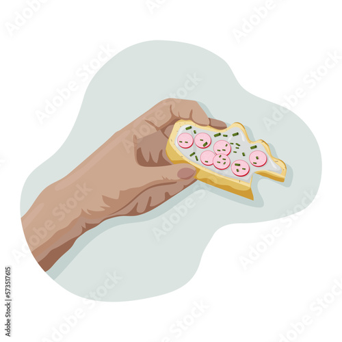 Hand and bitten off healthy vegan sandwich with raddish and spring onion on wheat bread. Personal point of view. Eating. Vector flat isolated concept.