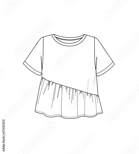 women's crew neck short sleeve basic  tshirt,ruffle tee,top,girl tshirt,CAD,template,casual,vector,technical drawing,flat sketch