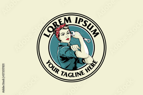 strong woman with a wrench character Rockabilly theme logo vector template