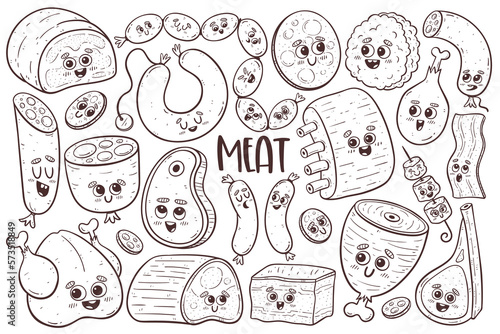 Cute meat collection with cartoon faces. Isolated doodle cliparts. Vector illustration. photo