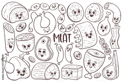 Cute meat collection with cartoon faces. Isolated doodle cliparts. Vector illustration.