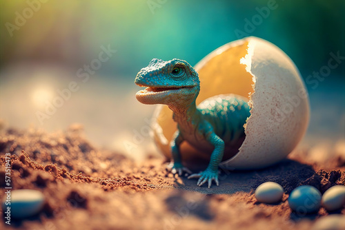 Fototapeta Naklejka Na Ścianę i Meble -  Baby dinosaur with a touching birth reminding us of that primitive world where dinosaurs and tyrannosaurs dominated. A cute shot with great graphic potential. Generative AI