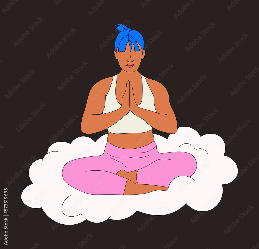 Filipino woman in pink doing yoga seated position on a cloud Filipino woman in pink doing yoga seated position on a cloud
