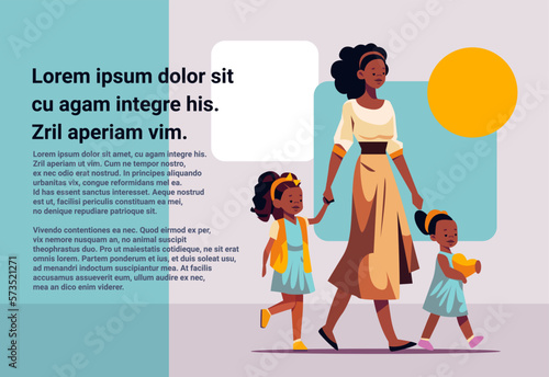 mother and little children walking together mom taking daughters to school or kindergarten motherhood happy family