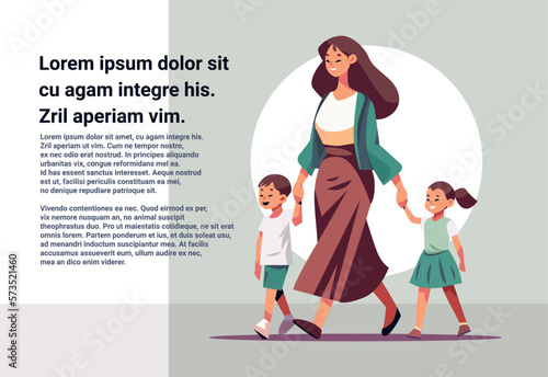 mother and little children walking together mom taking son and daughter to school or kindergarten motherhood happy family
