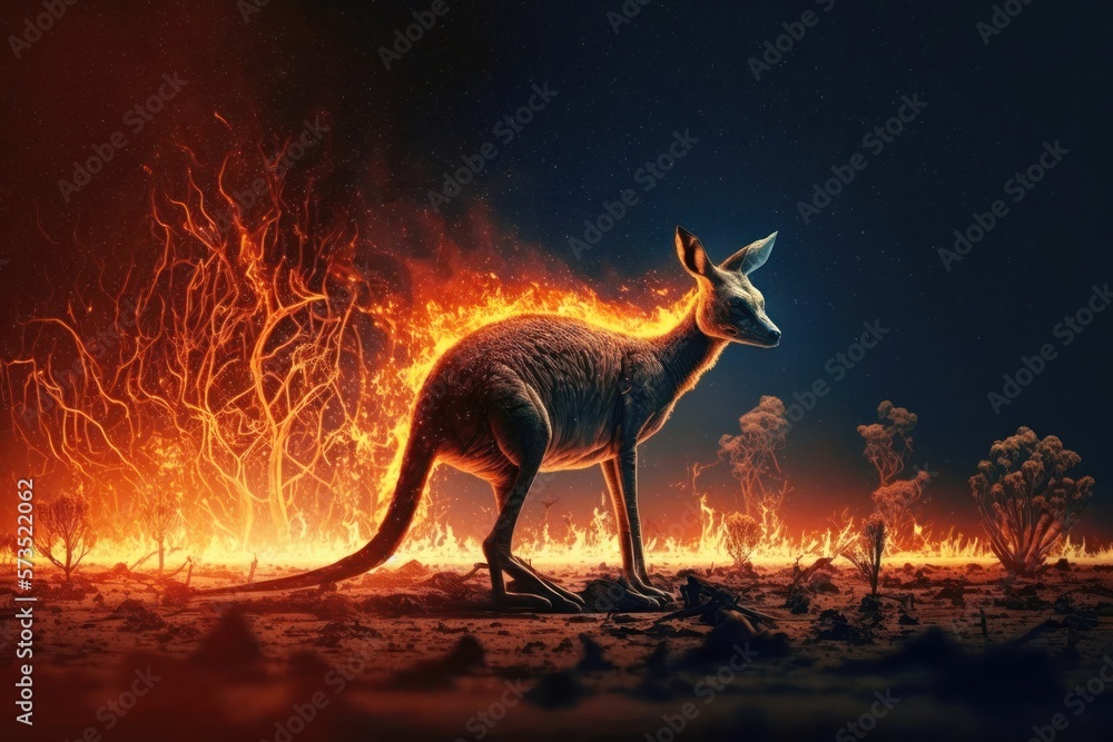 Fototapeta premium Wildlife in Peril. Kangaroo in Australian Forest Fire. Generative Ai