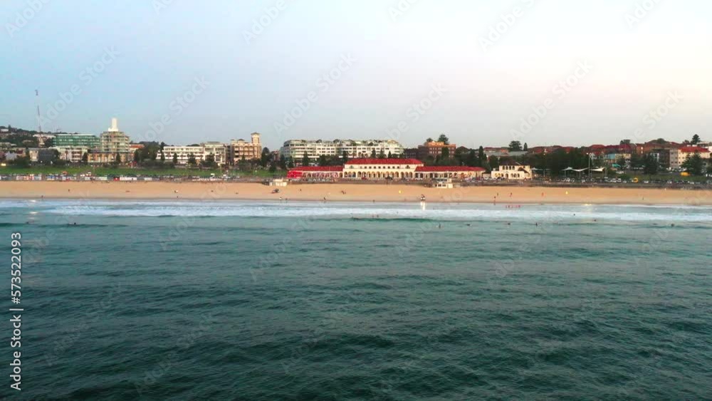 Drone tracking left next to Bondi beach in the early morning, Sydney Australia Drone tracking left next to Bondi beach in the early morning, Sydney Australia