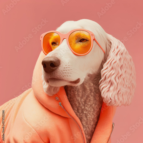 Fashion dog in hoodie. Orange color monochrome portrait. Generative AI