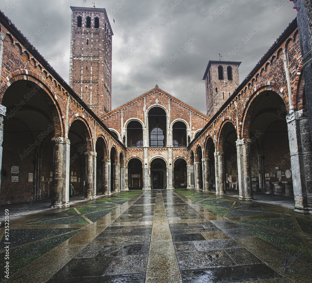 Antique Sant'Ambrogio basilica on a rainy day,Milan - Italy.