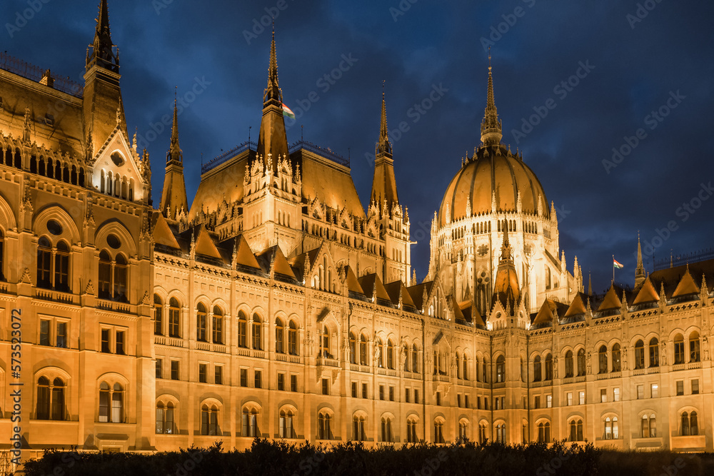 Illuminated Budapest Parliament building at night, Hungary.