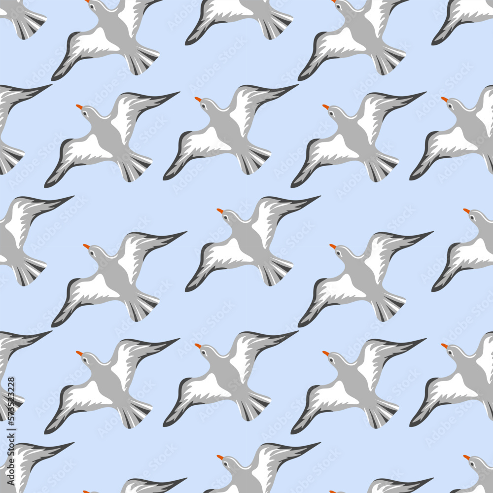 Obraz premium Seamless pattern with hand drawn flying seagulls. Seabirds. Concept of sea and ocean life. Modern print for fabric, textiles, wrapping paper. Vector illustration