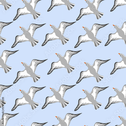 Seamless pattern with hand drawn flying seagulls. Seabirds. Concept of sea and ocean life. Modern print for fabric, textiles, wrapping paper. Vector illustration