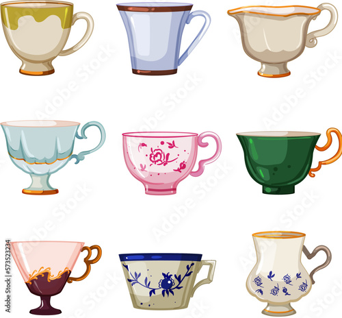 vintage cup set cartoon vector illustration