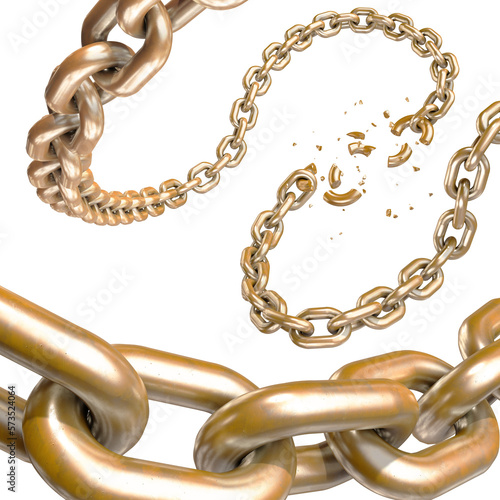 3d illustration of metal gold broken chain on isolated white background photo