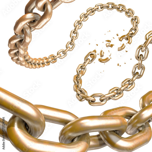 3d illustration of metal gold broken chain on isolated white background