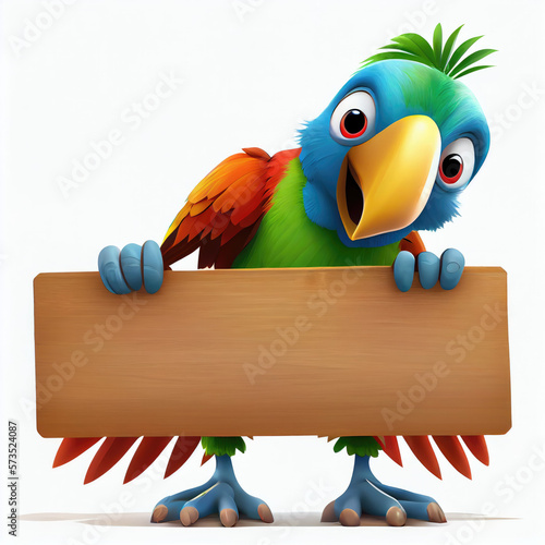 Funny standing Parrot cartoon character holding with his paws a blank sign. Generative AI.  photo