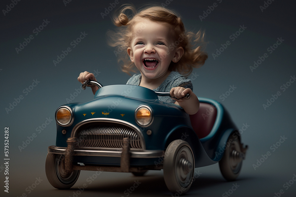 An cute smiling little baby girl drives a little pedal car - AI generative An cute smiling little baby girl drives a little pedal car - AI generative