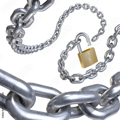 3d illustration of metal chain and lock on isolated white background